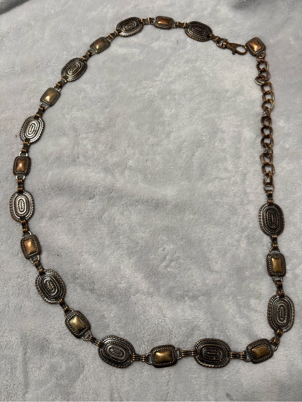 Vintage-Inspired Gold and Antique Copper Oval Link Belt.